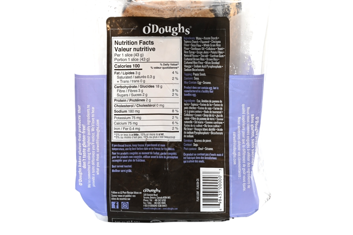 O'Doughs Gluten Free Flax Bread Loaf - 700g - Frozen