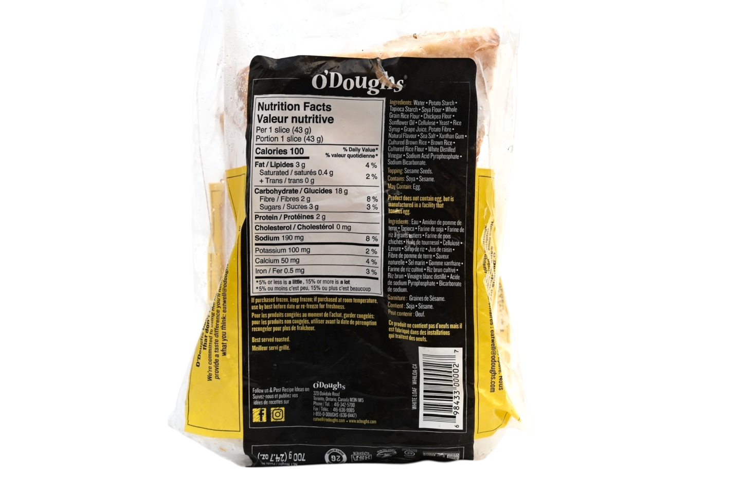 O'Doughs Gluten Free White Bread Loaf - 700g - Frozen