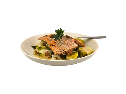 Salmon and Brussels Sprouts with Cheese and Bacon
