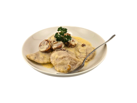 Cheddar Cheese Pierogies with Sausage