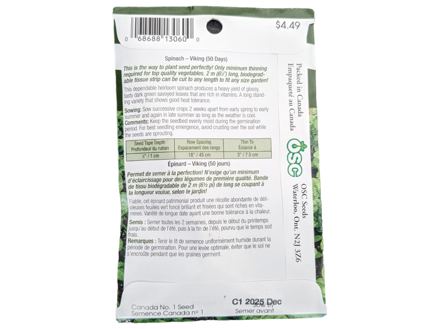 Spinach Viking Seed Tape