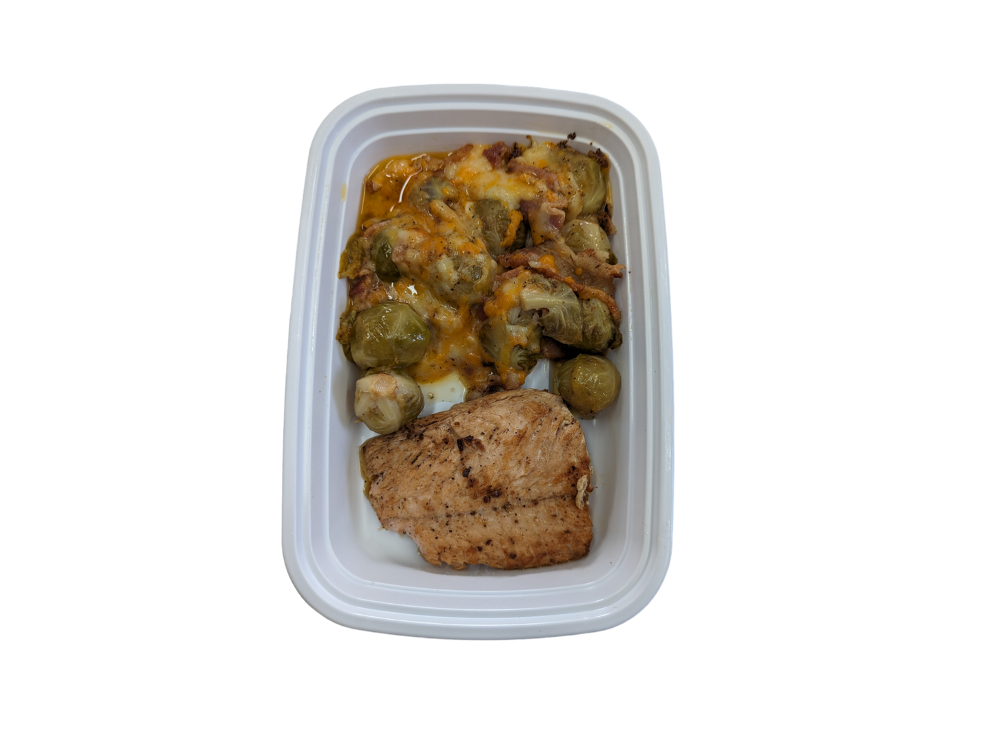 Salmon and Brussels Sprouts with Cheese and Bacon