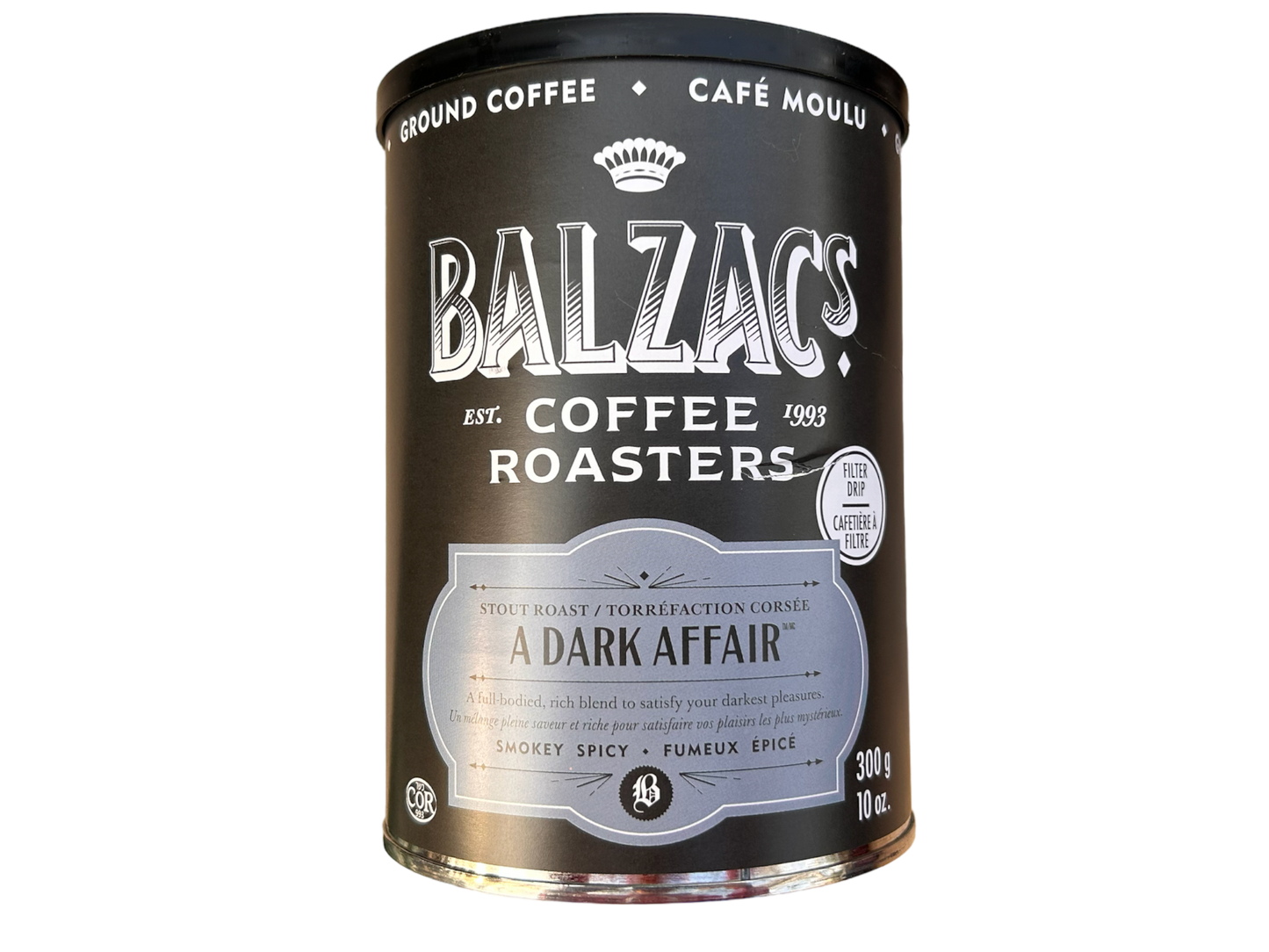 A dark affair - dark roast- ground coffee tin
