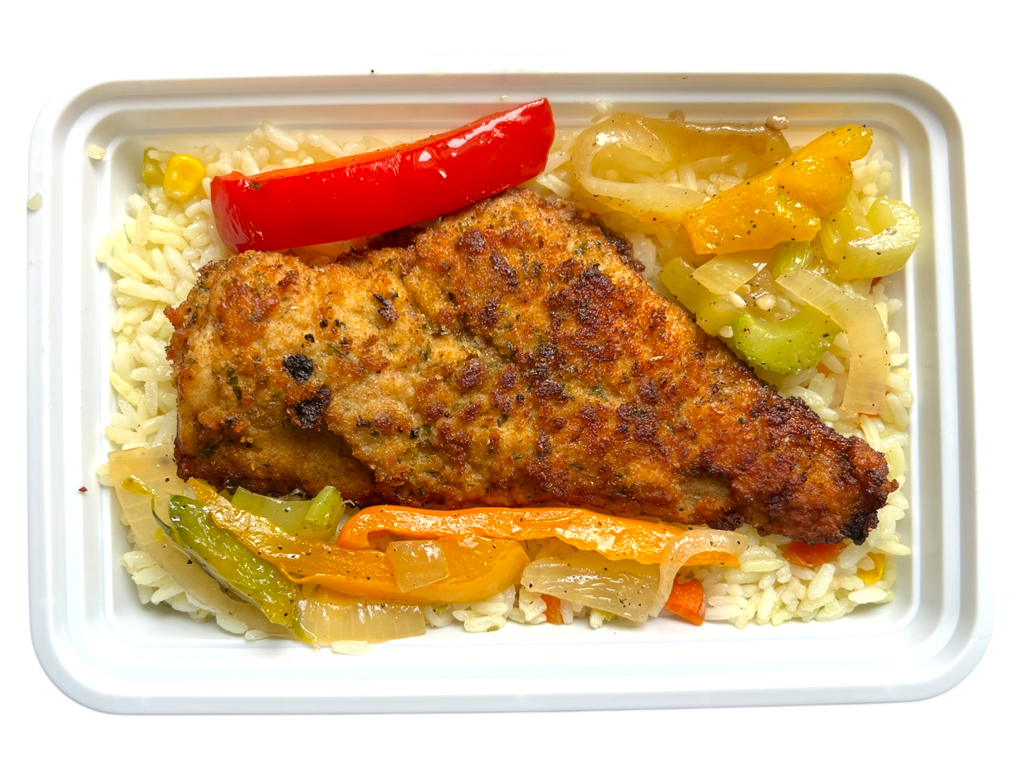 Breaded Haddock with Rice and Peppers