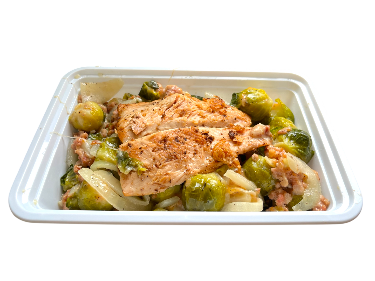 Salmon and Brussel Sprouts with Bacon and Cheese