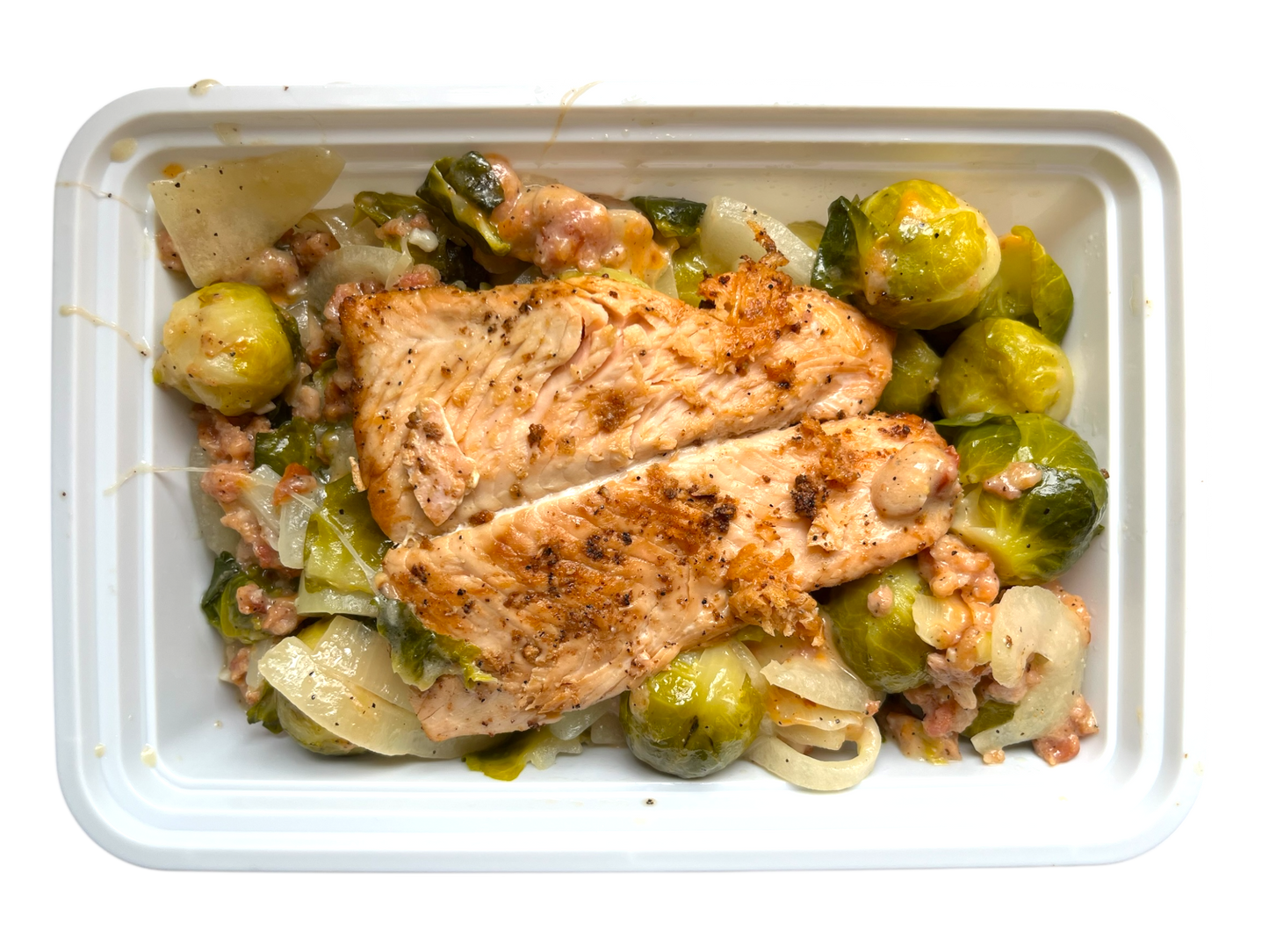 Salmon and Brussel Sprouts with Bacon and Cheese