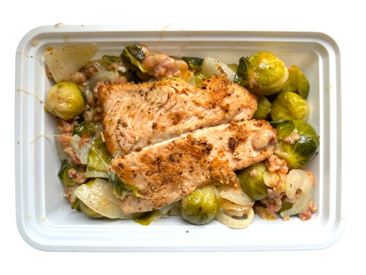 Salmon and Brussel Sprouts with Bacon and Cheese