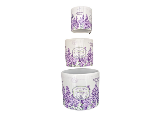 Round Ceramic Planter Set of 3 - White with Lavender Flowers