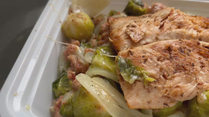 Salmon and Brussel Sprouts with Bacon and Cheese