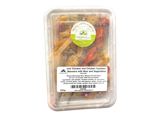 Jerk Chicken and Chicken Tandoori Skewers with Rice and Vegetables