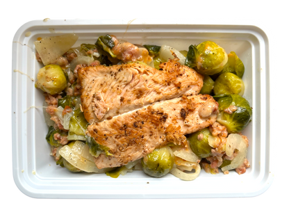 Salmon and Brussel Sprouts with Bacon and Cheese